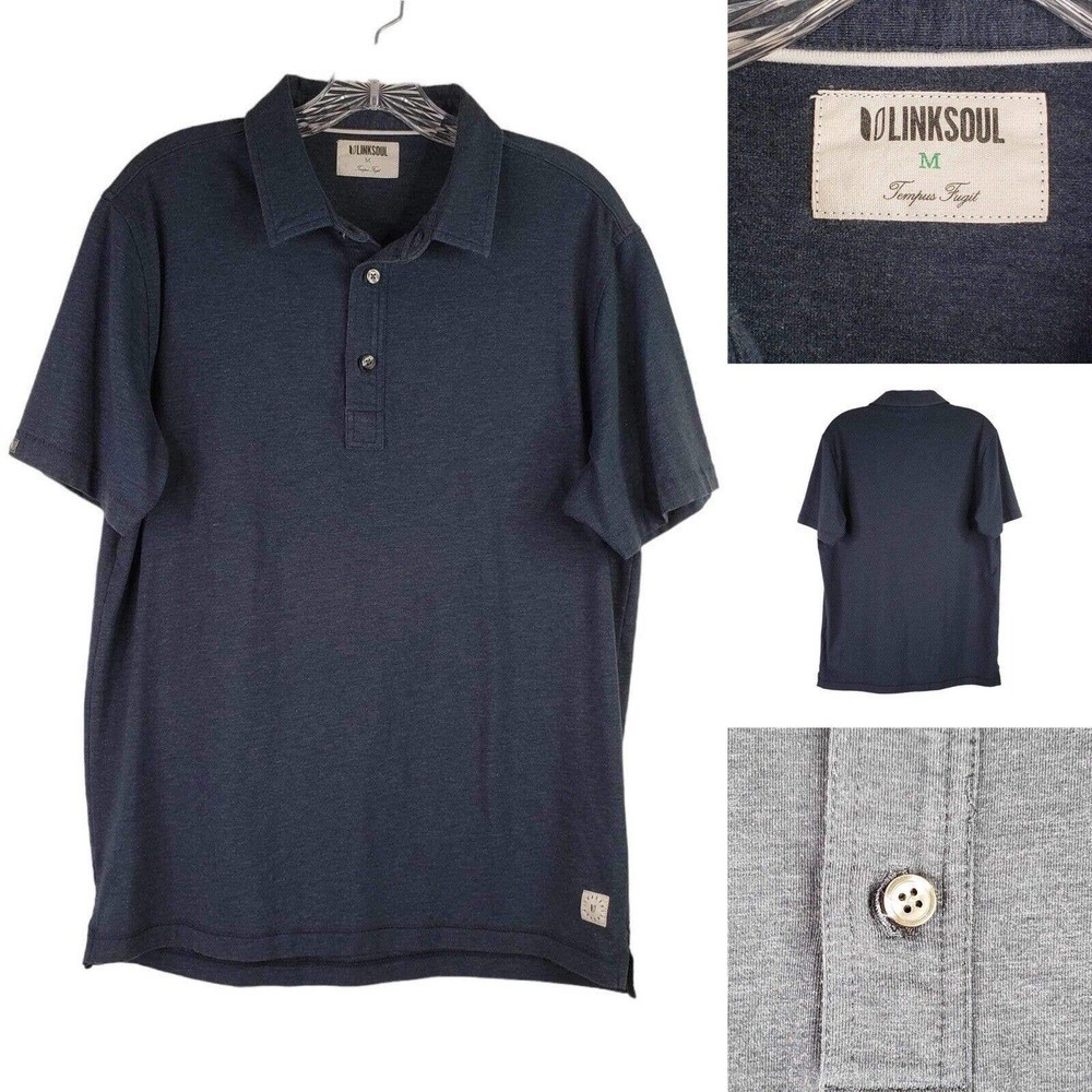Link Soul Shirt Men’s Medium Navy Short Sleeve Button Golf Polo Cotton